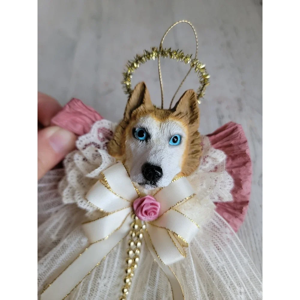 vintage husky dog puppy angel religious ornament lace Xmas home
